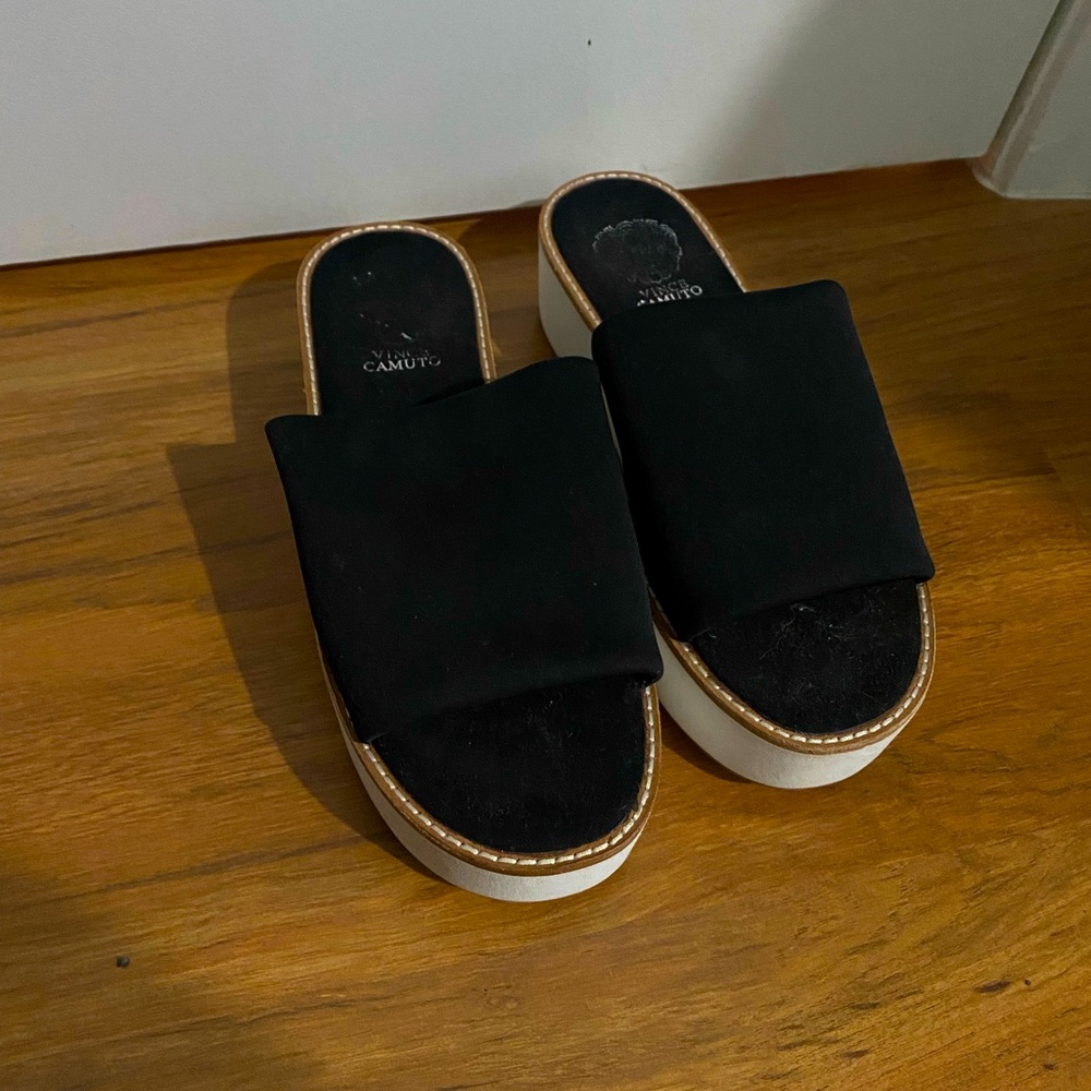 Vince Camuto black suede platform slides